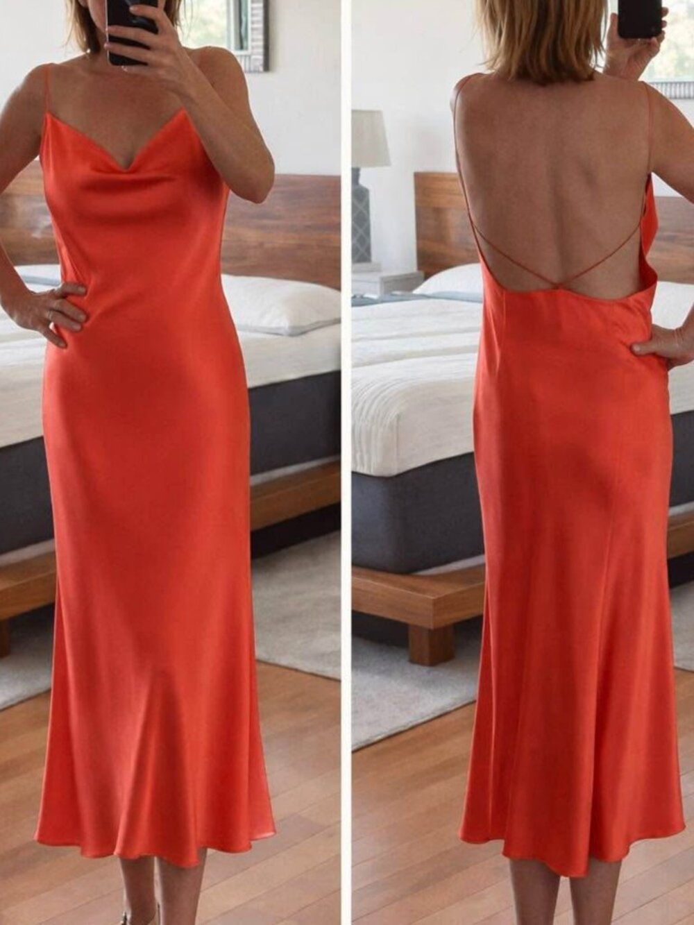 Bestto Coral Satin Open Back Slip Midi Dress